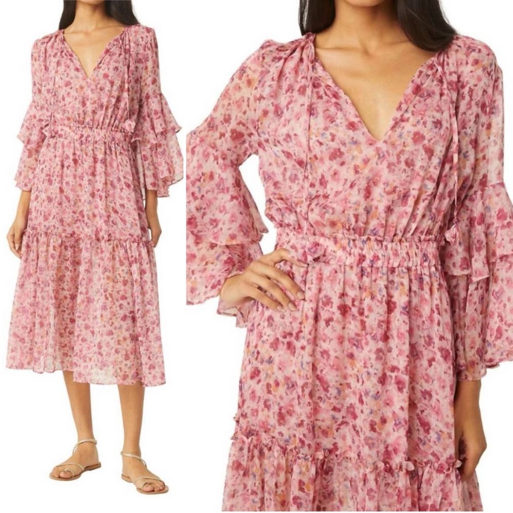 MISA LOS ANGELES Coco Dress Midi Floral Chiffon Ruffle Spring Boho Sz Small